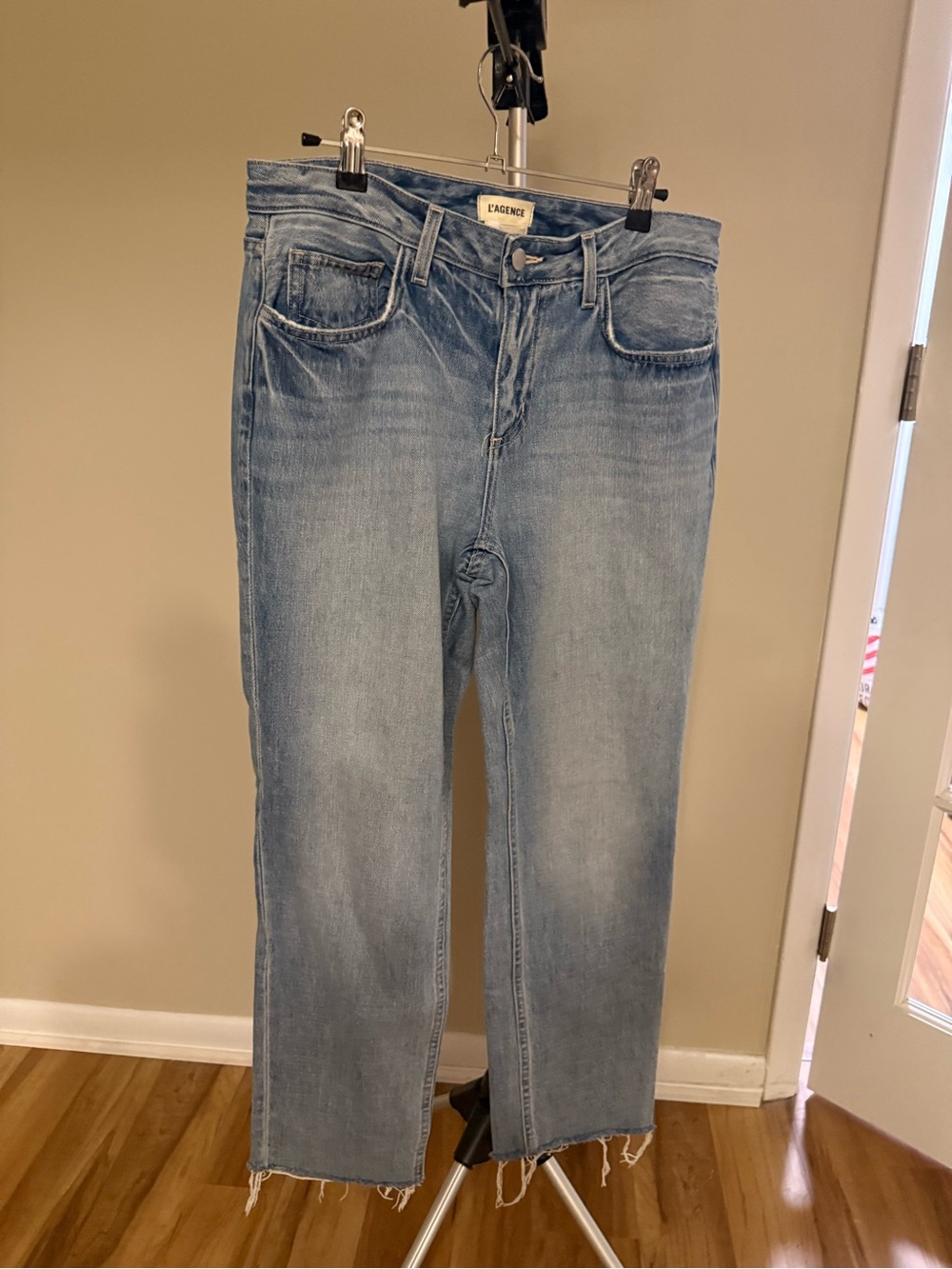 L'AGENCE Light Blue Straight-Leg Jeans with Frayed Hem